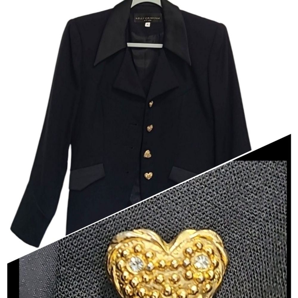 Kelly Graham New York Satin‎ Black Tuxedo Blazer Size 4 Gold Heart Bling Buttons